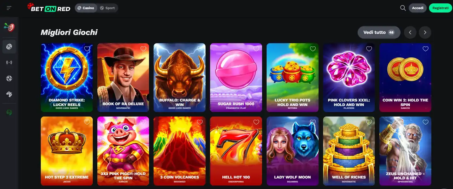 Catalogo giochi Betonred con categorie e titoli disponibili