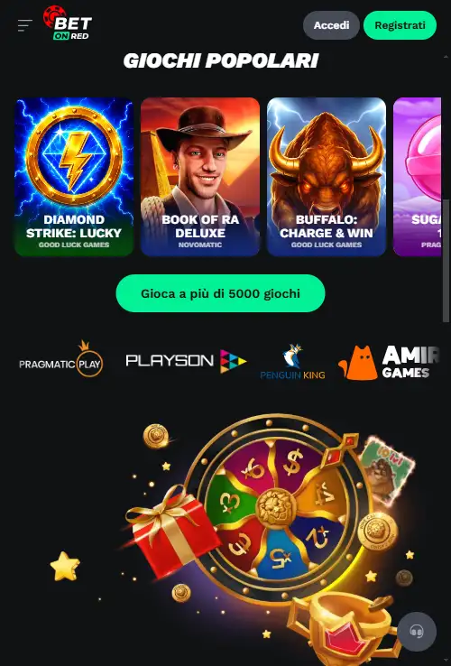 Betonred aperto su smartphone con navigazione e area di gioco visibili