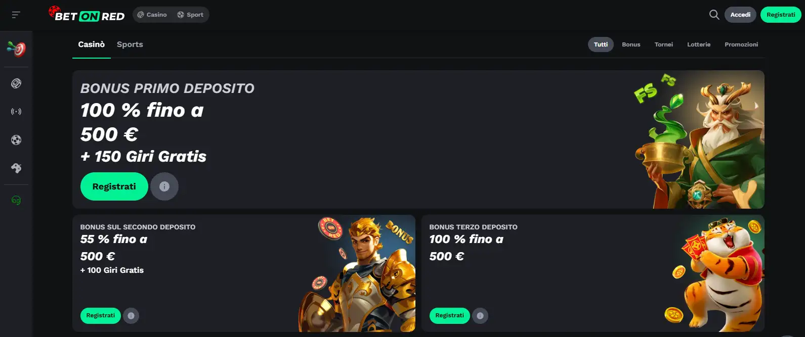 Area promozioni Betonred con il bonus di benvenuto in evidenza