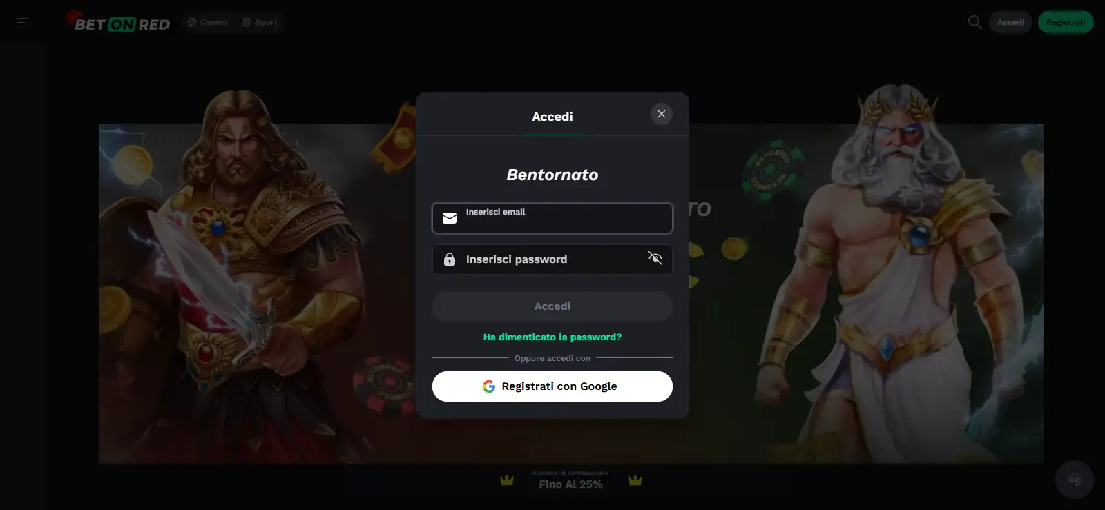 Pagina di accesso alla registrazione Betonred con i campi iniziali del conto